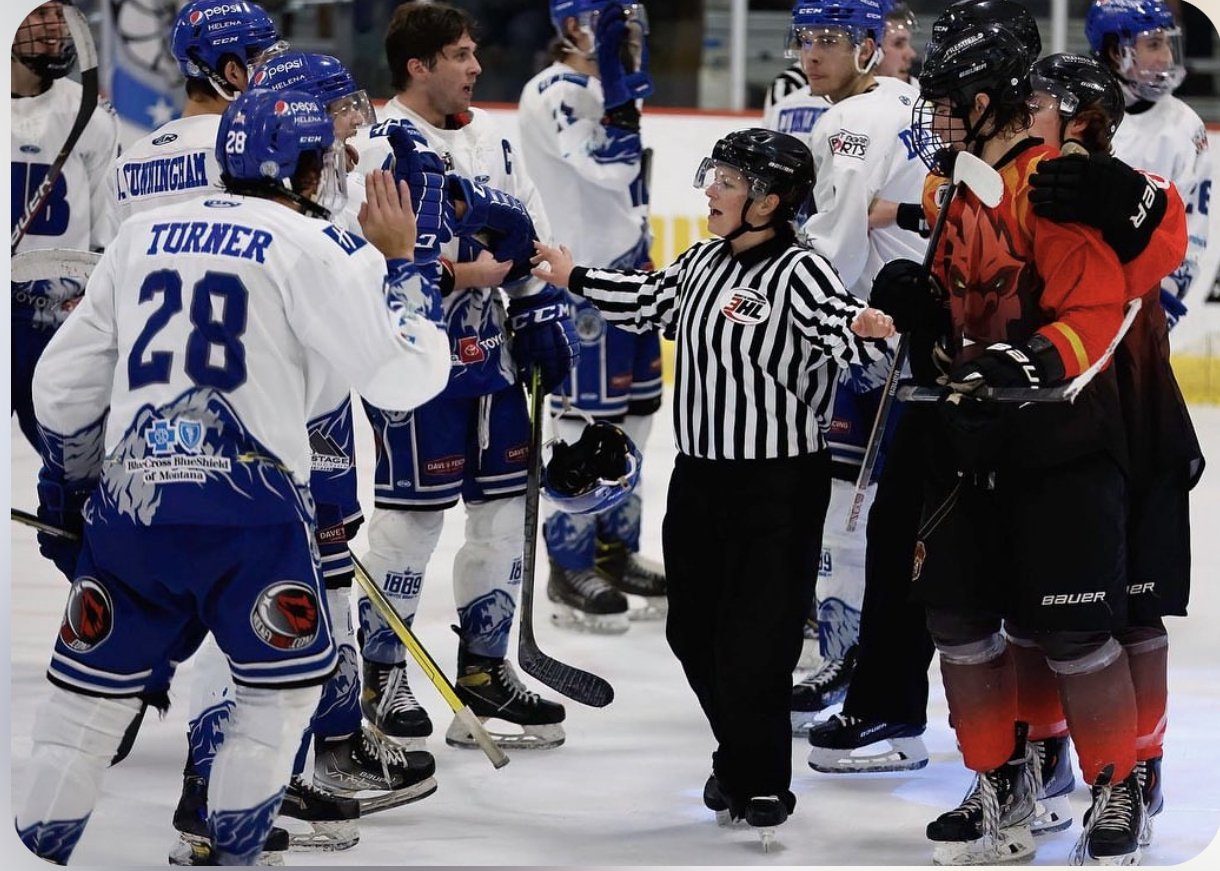 Konet keeping the peace in a Helena Bighorns and Gillette Wild Junior A NA3HL game (Photo: Gary Marshall)
